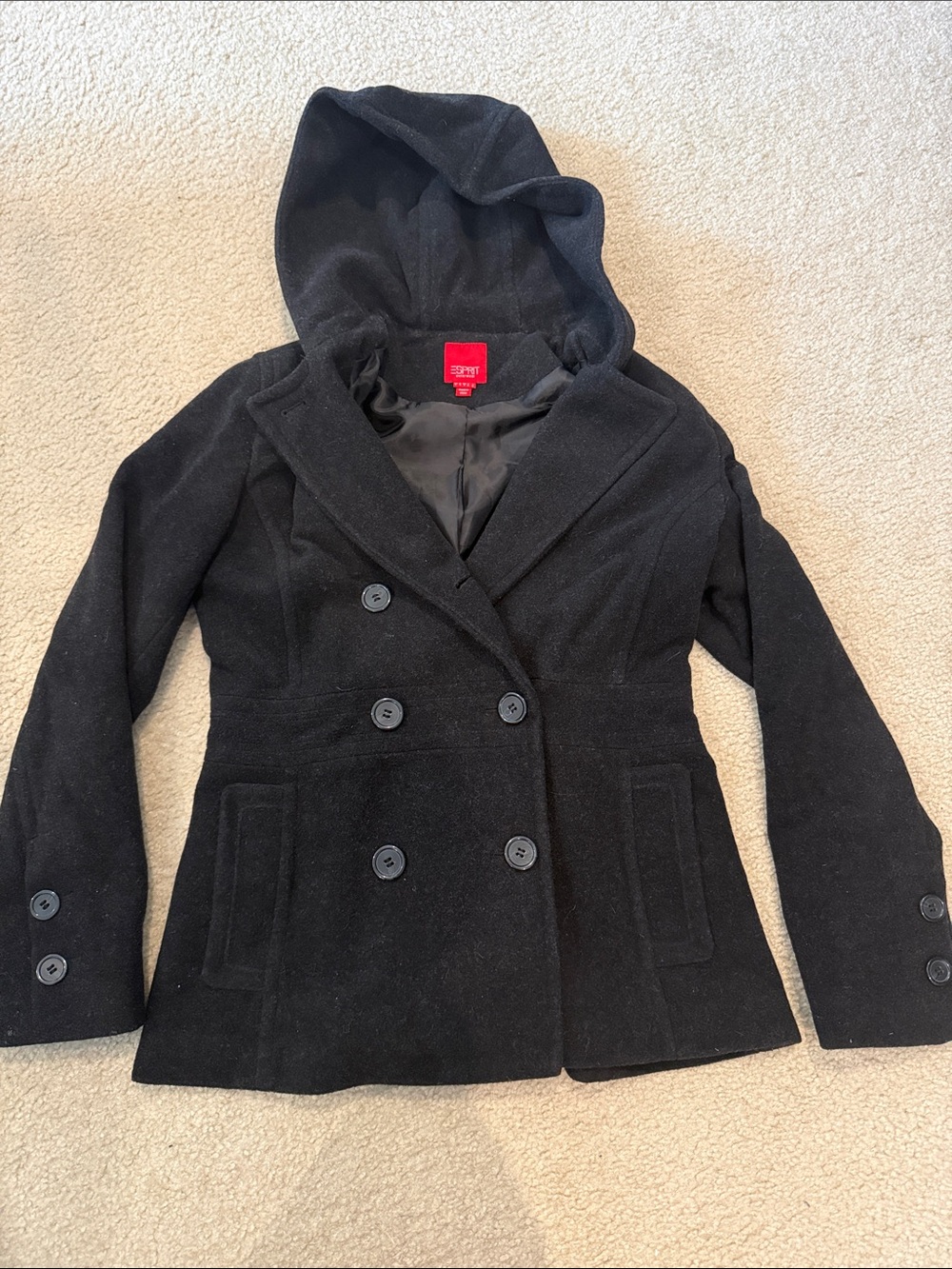 Esprit Women's Hooded Double-Breasted Peacoat in Black